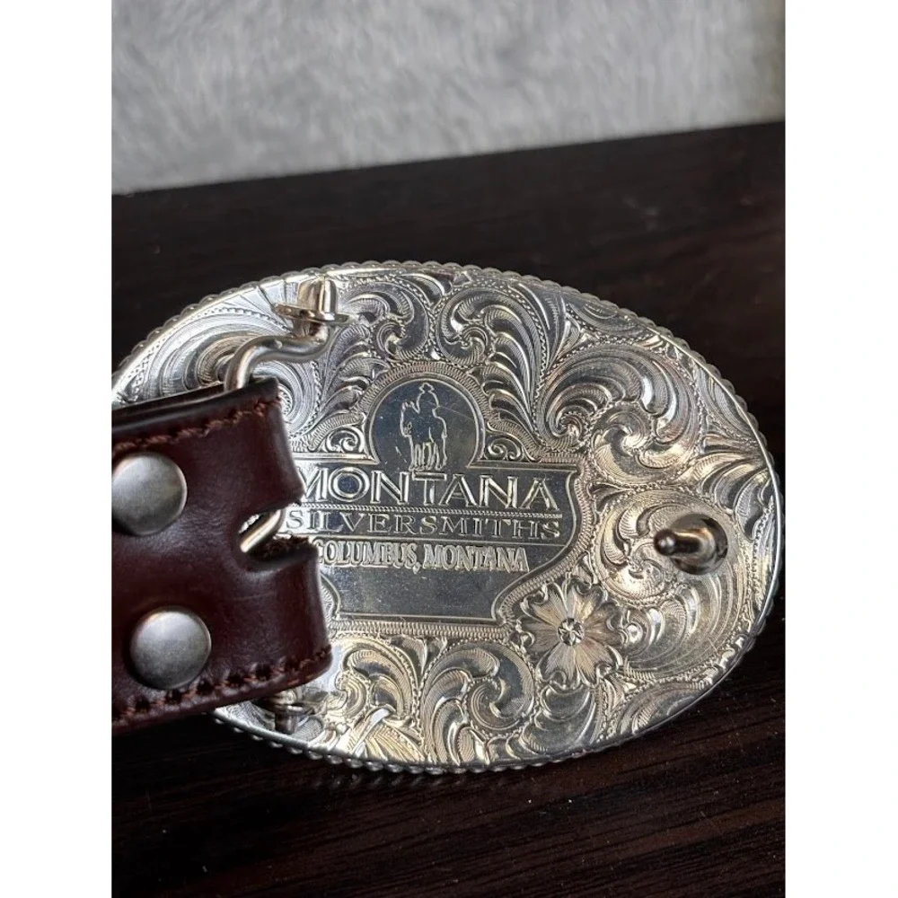 Nocona Brown Tooled Leather Belt Montana Silversmiths Initial J Buckle Size 44